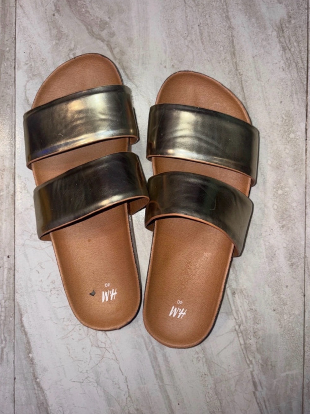H&M Metallic Double-Band Slide Sandals in Bronze and Tan Size 8.5